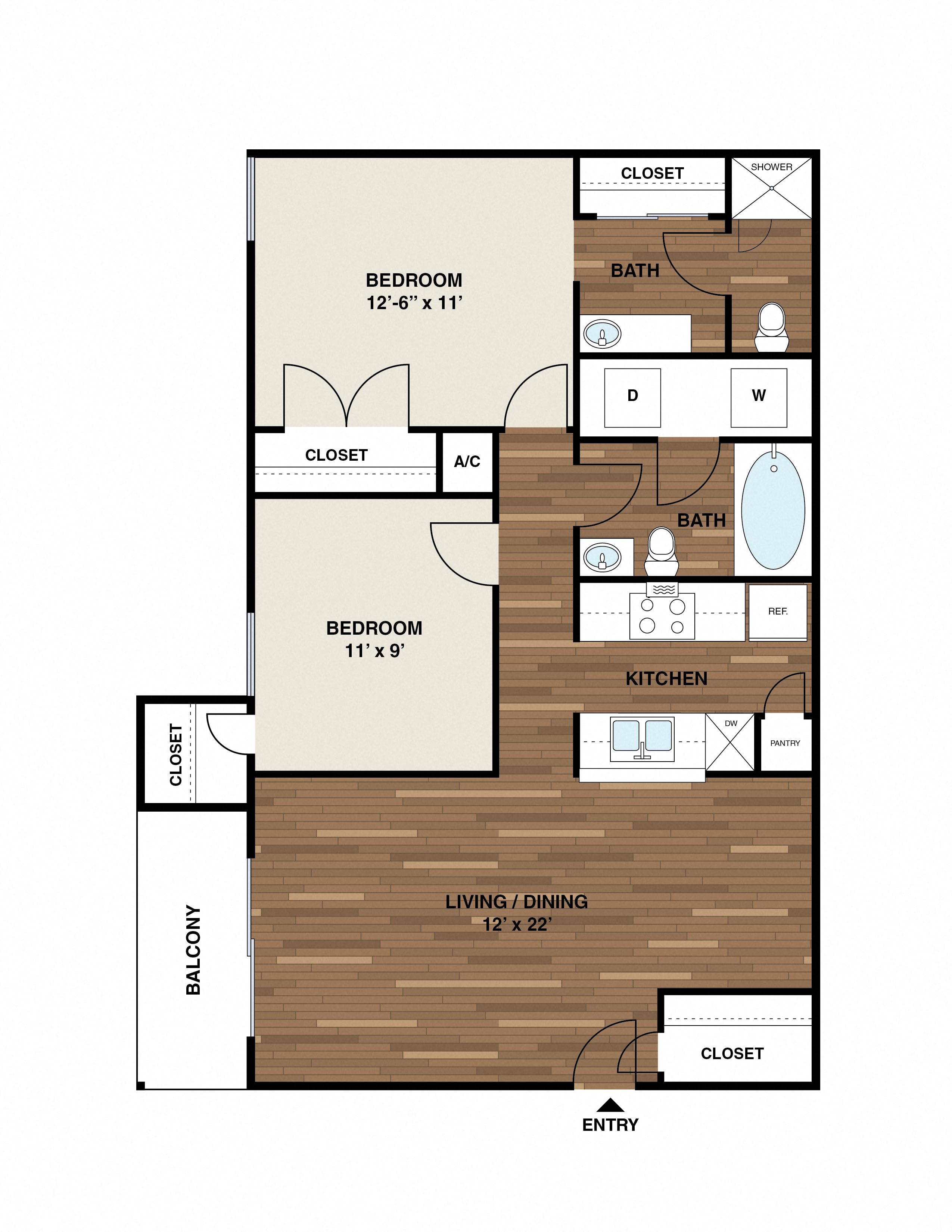 Floor plan for 2 beds, 2 baths, 850 sqft